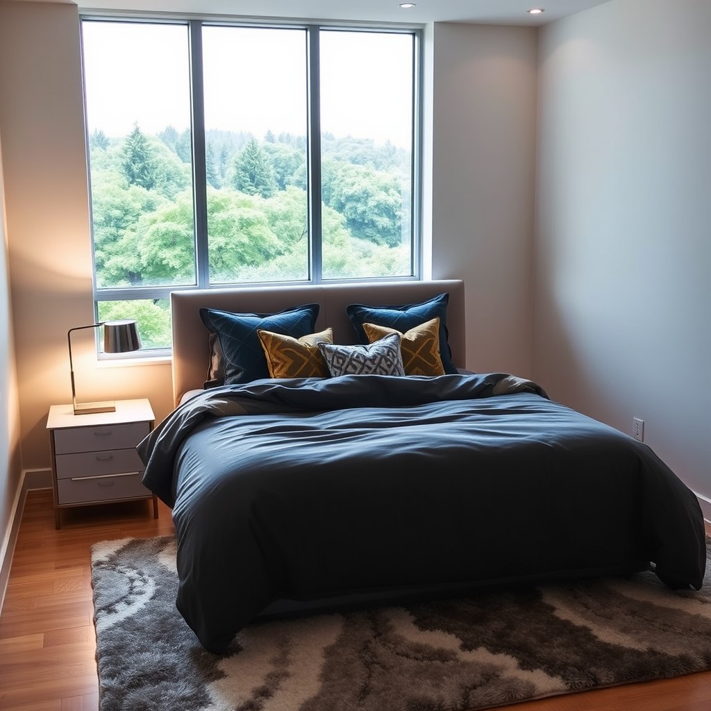 A stylish and cool bedroom featuring a modern aesthetic