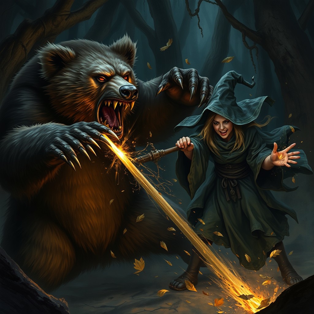 A fierce bear with large, powerful claws slashing at a witch, capturing a moment of intense drama and action