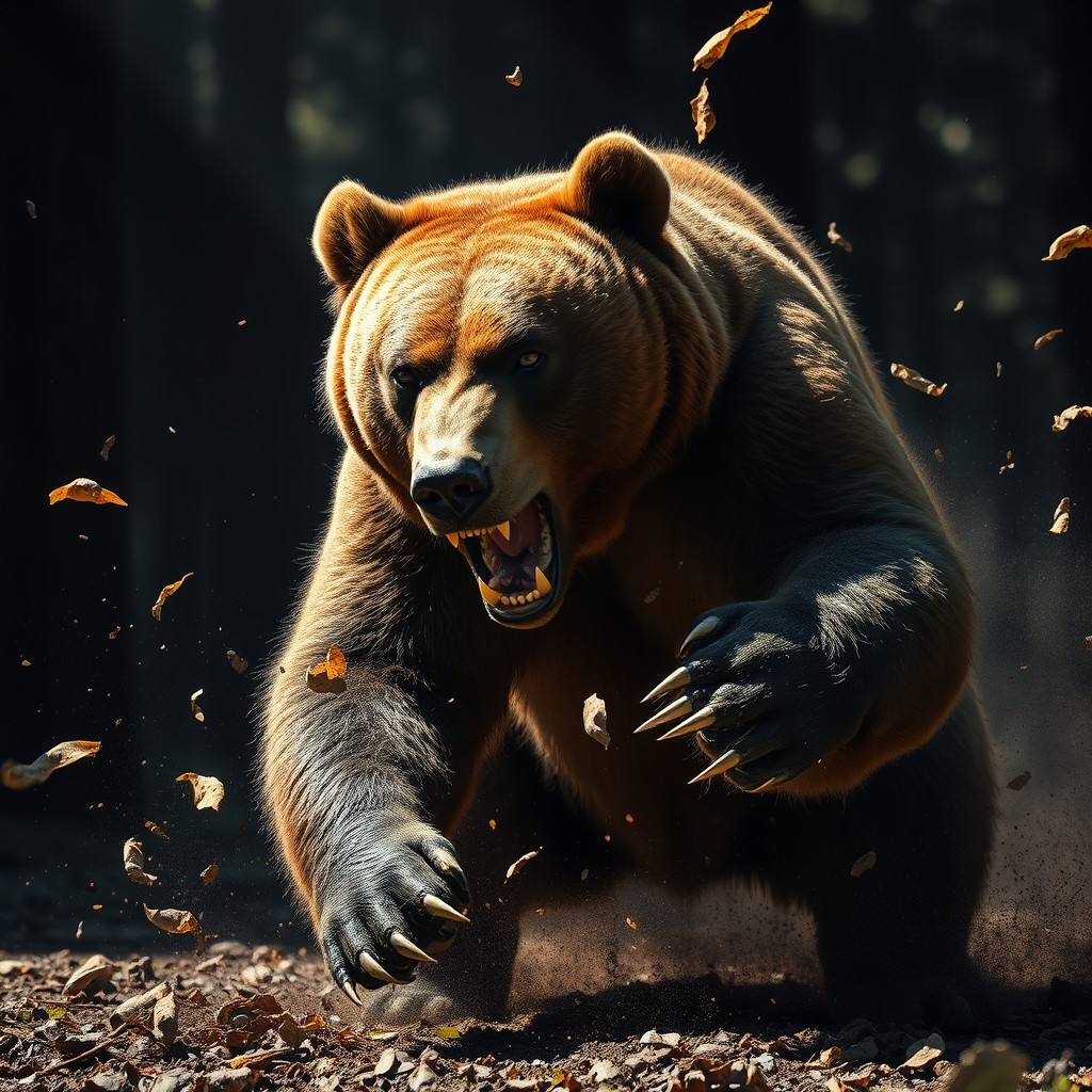 A dramatic scene depicting a bear in mid-attack, showcasing its fierce expression and powerful stance