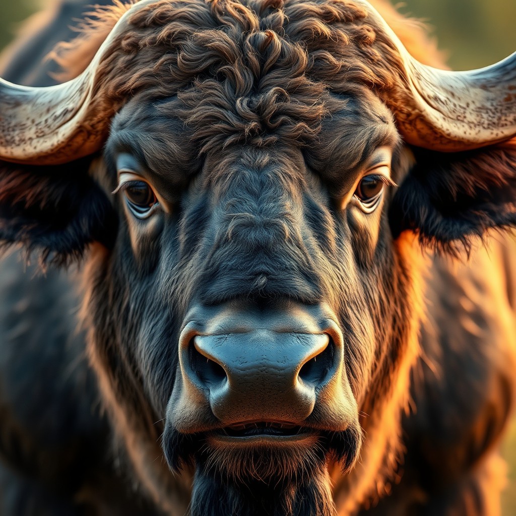 A close-up portrait of a powerful buffalo face, showcasing its strong, majestic features