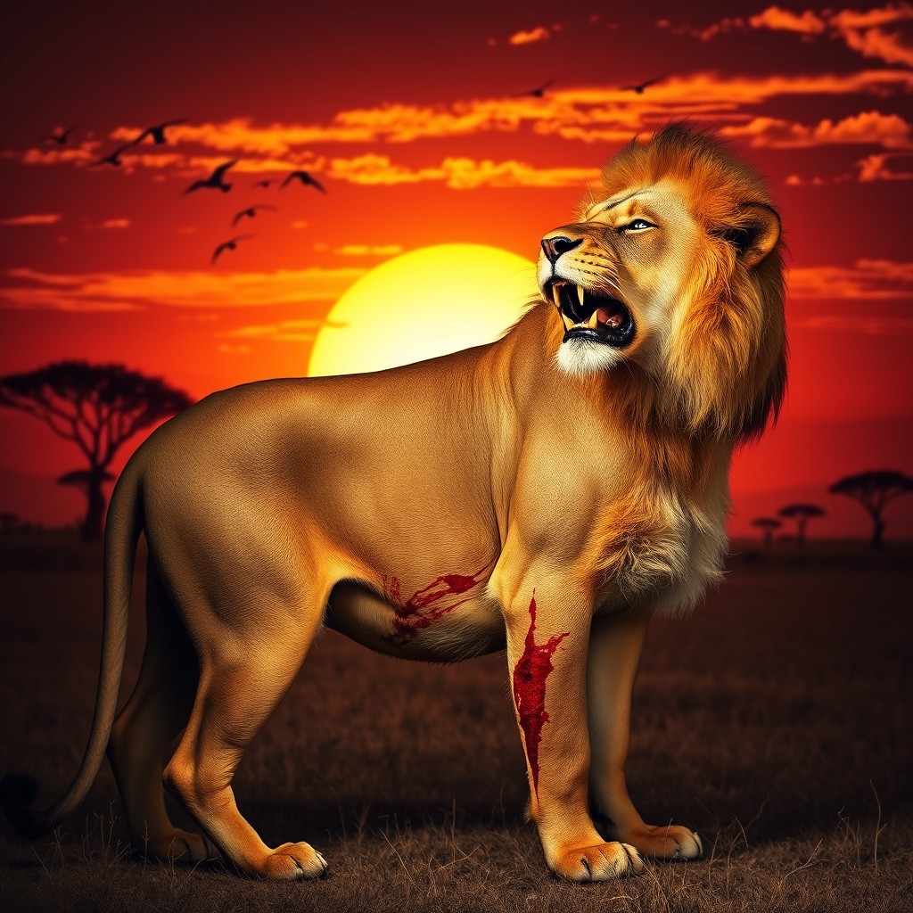 A dramatic scene depicting a wounded lion, showcasing its regal yet pained expression