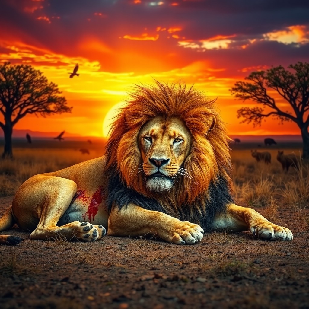 A powerful and dramatic scene showcasing a wounded lion, lying on the ground with a regal yet pained expression