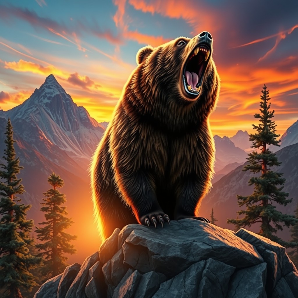 A majestic scene featuring a bear roaring in victory, standing atop a rocky outcrop with its mouth wide open, showcasing its powerful teeth and fierce demeanor