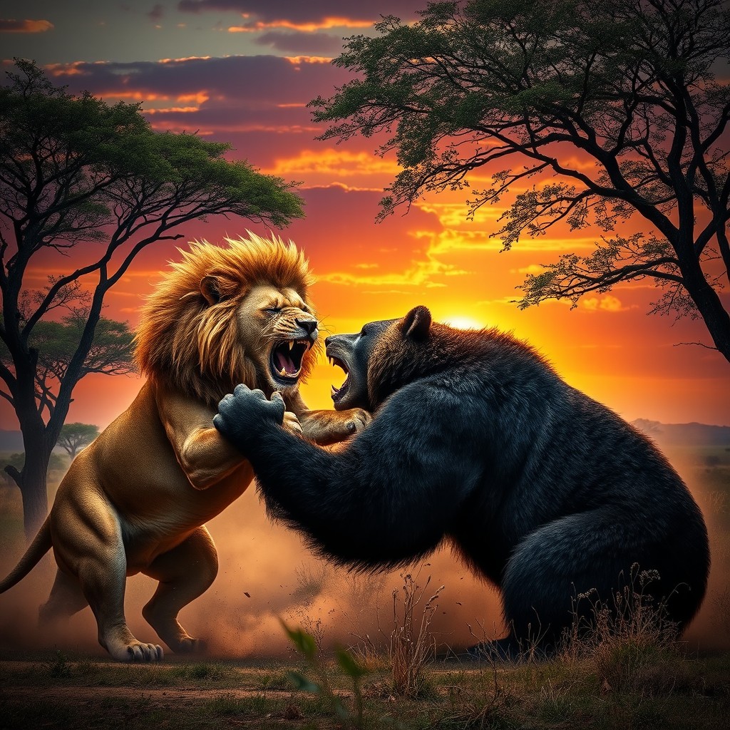 An intense and dramatic scene depicting a lion and a bear engaged in a fierce battle, locked in a dynamic pose with their powerful bodies amidst a backdrop of a lush savannah