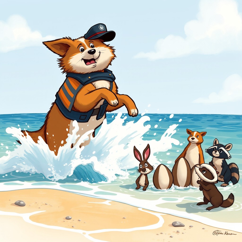 On a bright summer day, a large dog dressed as a police officer in a rescue vest leaps urgently into the water, causing big waves to splash up around it