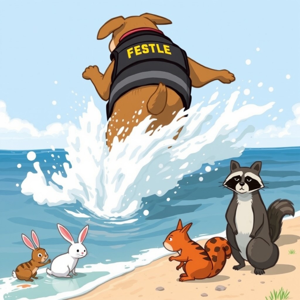 On a bright summer day, a large dog dressed as a police officer in a rescue vest leaps urgently into the water, facing away from the viewer