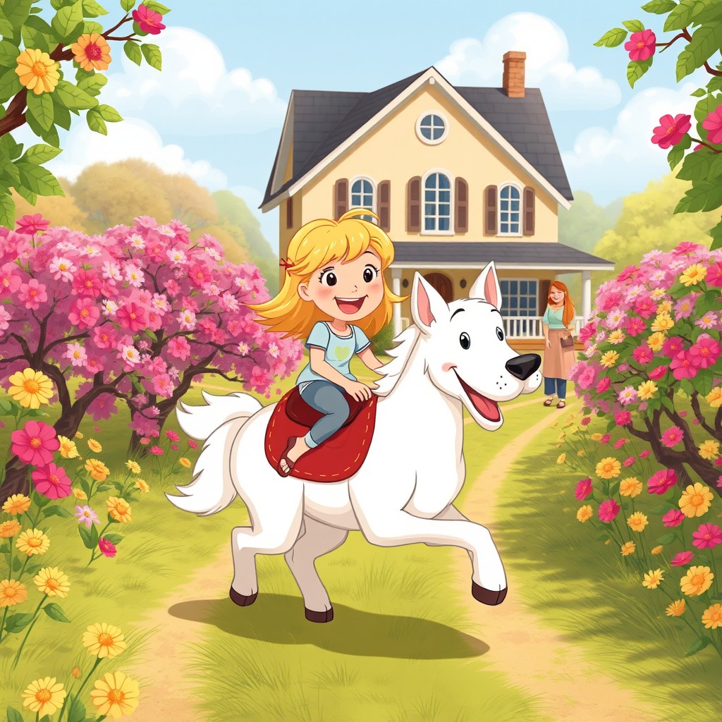 In a whimsical cartoon style, a little girl named Thiro with bright blonde hair is joyfully riding a beautiful white dog with a red saddle