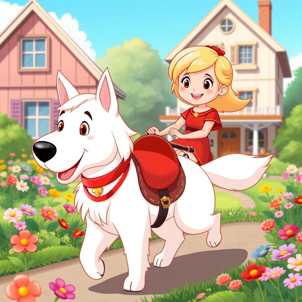 A cartoonish scene for a children's story featuring a small blonde girl named Thyra riding a beautiful white dog wearing a red saddle