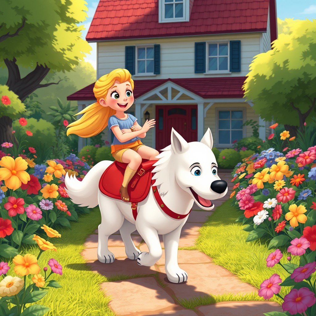 A whimsical cartoon scene featuring a young girl named Thero, who has beautiful blonde hair, riding a gorgeous white dog with a bright red saddle