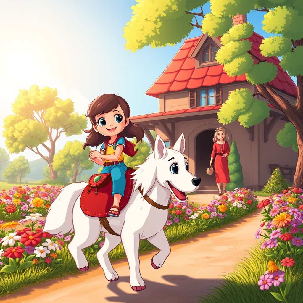 A cartoon scene depicting a young girl named Thero riding a beautiful white dog with a red saddle as they return home through a lovely orchard