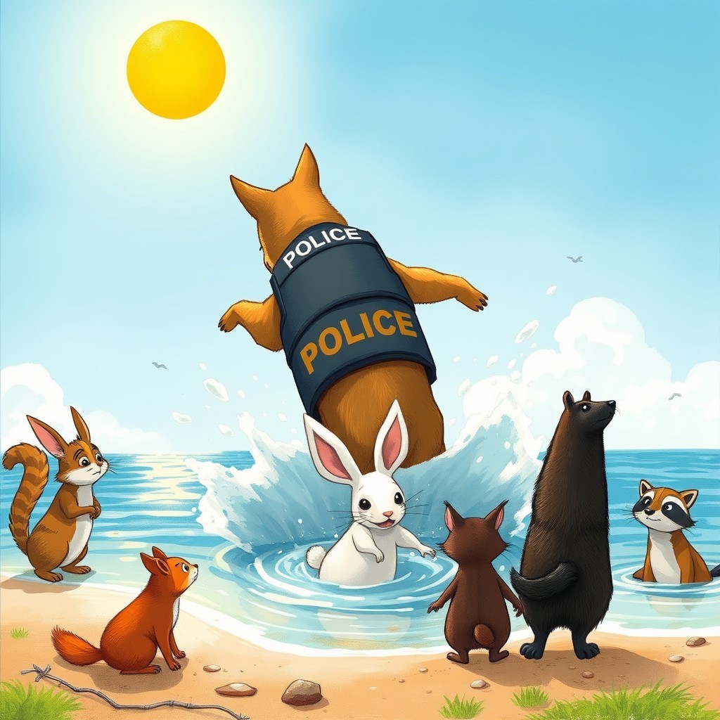 On a bright summer day under a shining sun, a large dog dressed as a police officer in a rescue vest jumps urgently into the water, facing away from the viewer