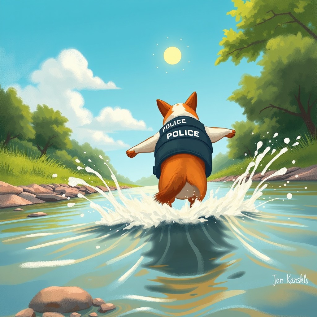 On a bright summer day with a shining sun, a large dog dressed as a police officer in a rescue vest leaps urgently into a river, facing away from the viewer