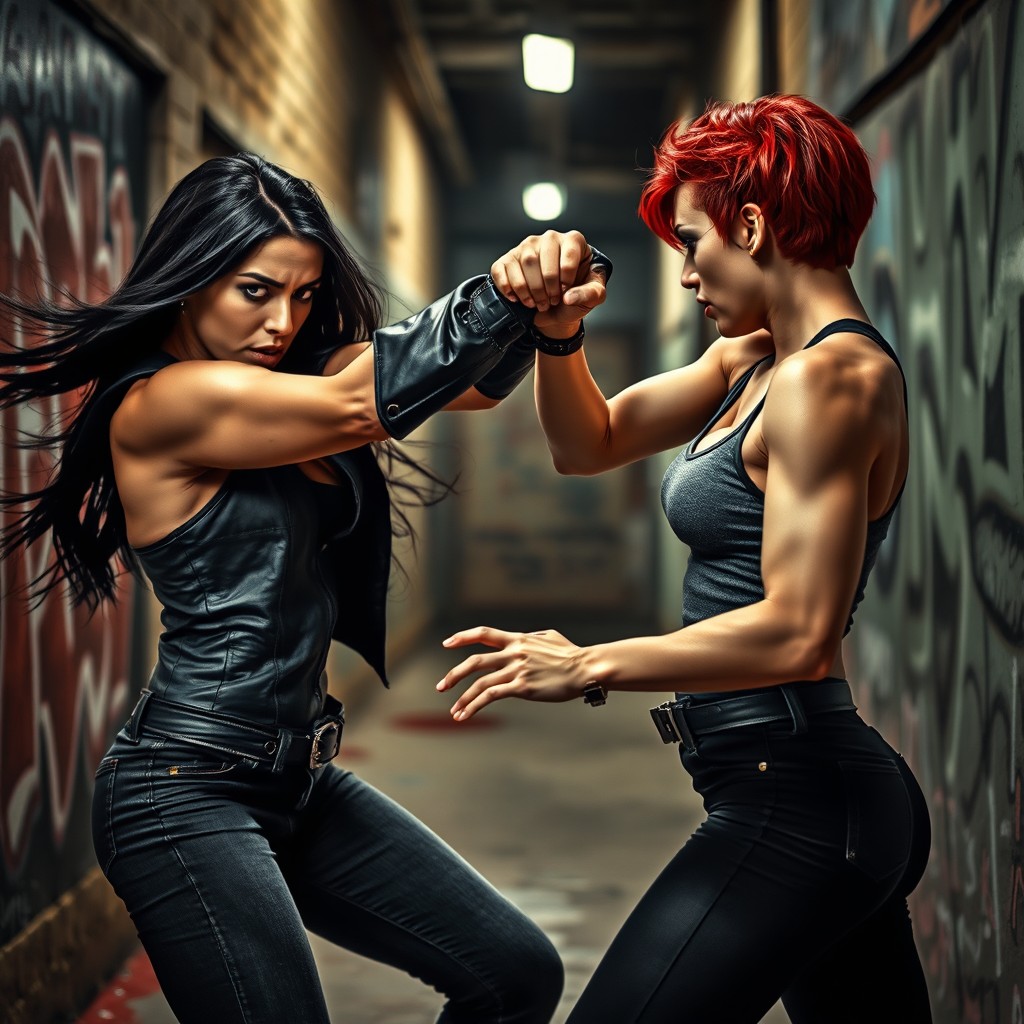 A fierce female fight scene set in an urban alley, showcasing two strong women in combat