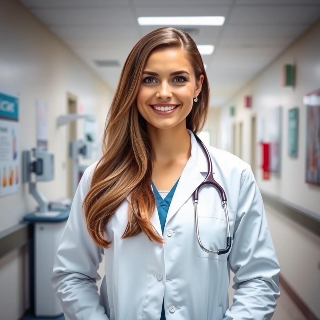 A female doctor wearing a white medical coat, with a stethoscope around her neck, standing confidently in a well-lit hospital corridor