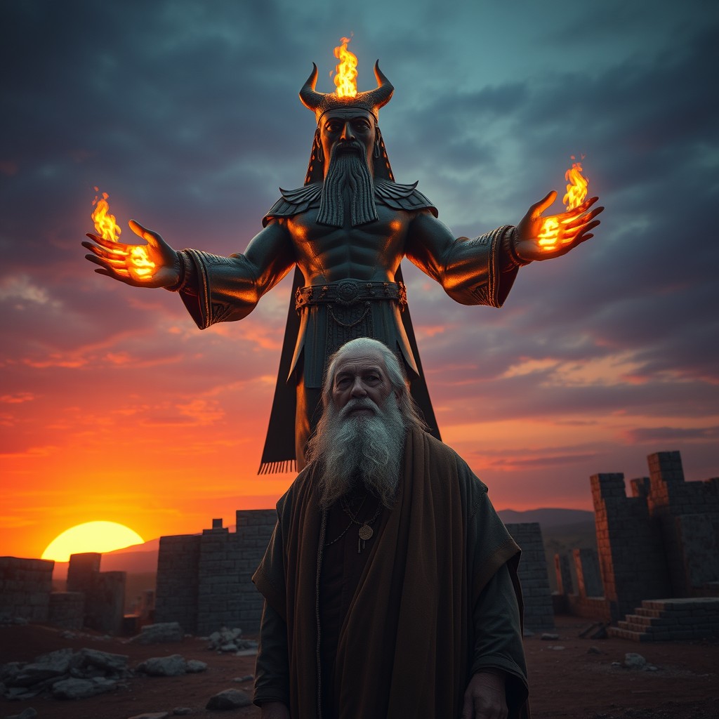 An old Canaanite man with a long beard and traditional robes stands solemnly in front of a towering bronze statue of the god Moloch
