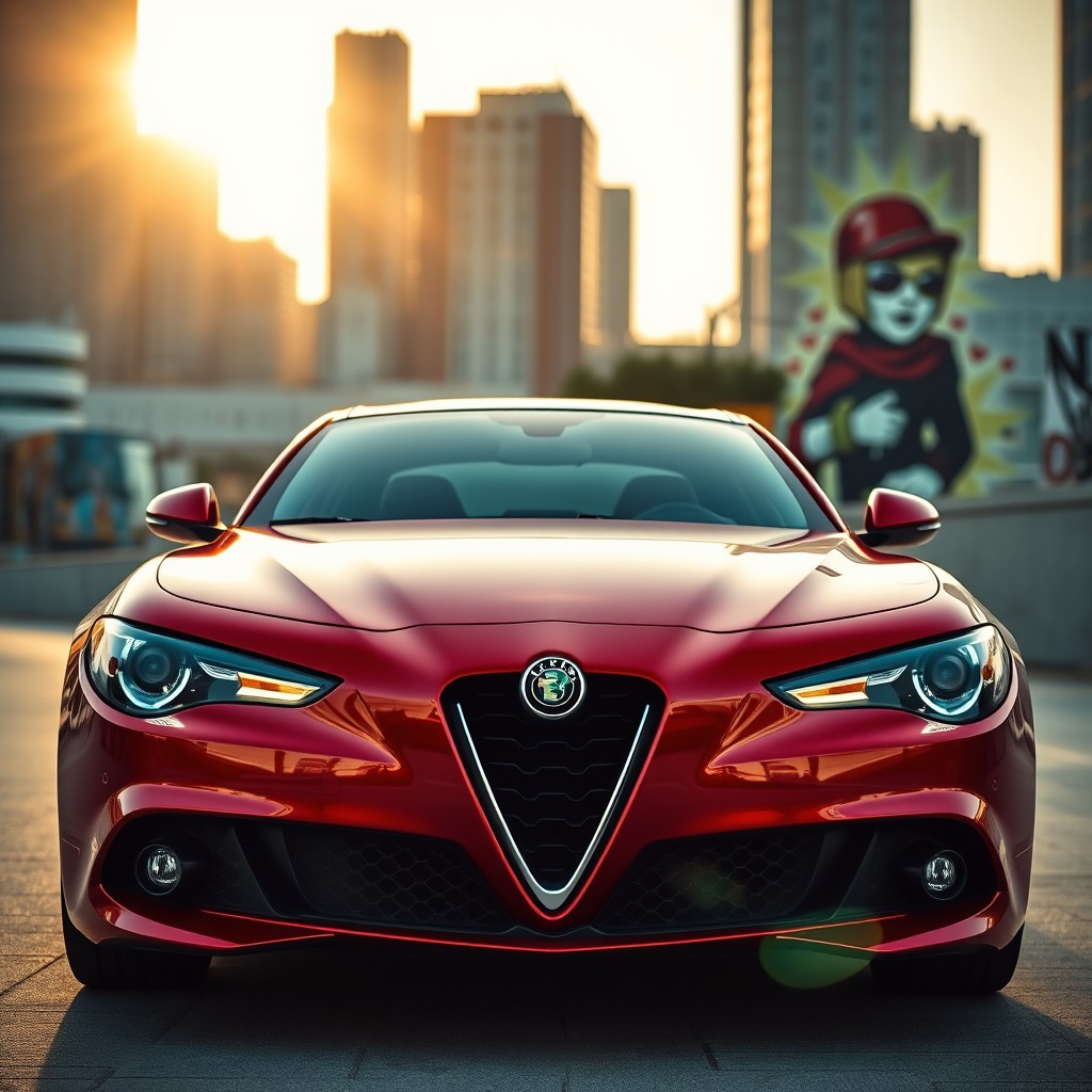 A sleek and stylish Alfa Romeo car parked in an urban setting, showcasing its iconic design and unique front grille