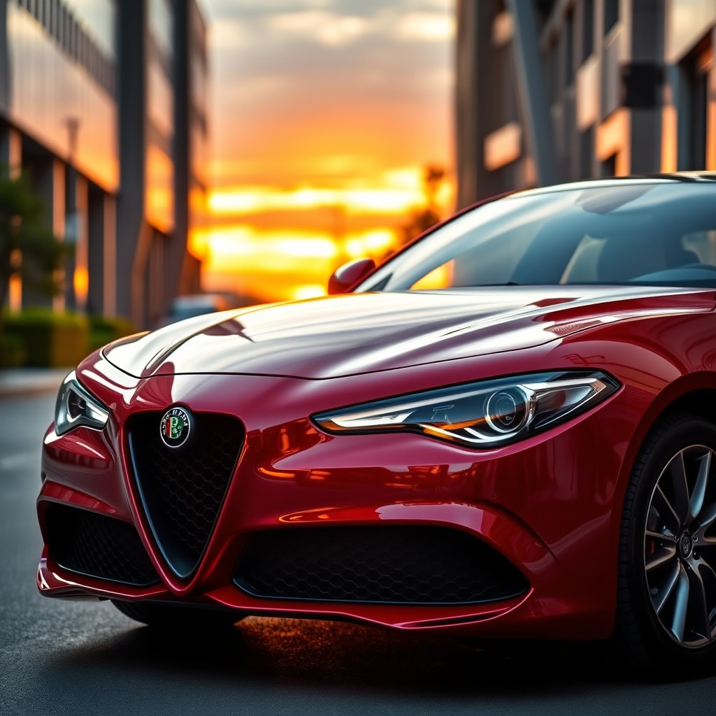 A sleek and stylish Alfa Romeo car parked on a vibrant city street during sunset