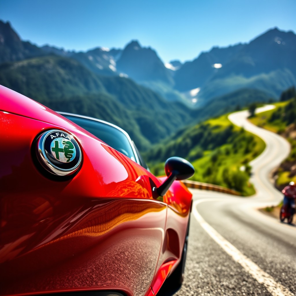 A stunning Alfa Romeo sports car parked on a winding mountain road, showcasing its sleek lines and aerodynamic design