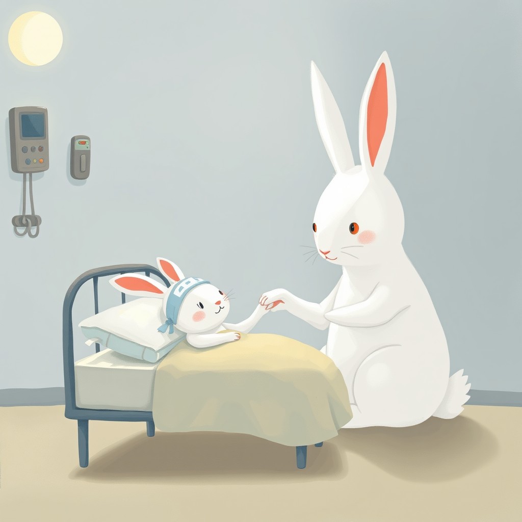 Inside a hospital room, a little white rabbit lies on a small bed adorned with a soft blanket, wearing a bandage on its head