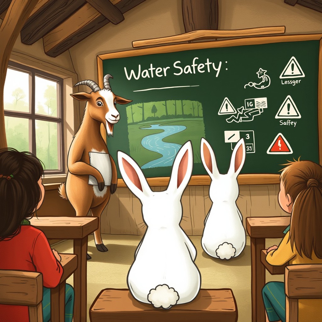 Inside a forest school classroom, a goat teacher stands at the front, instructing a lesson on "Water Safety"