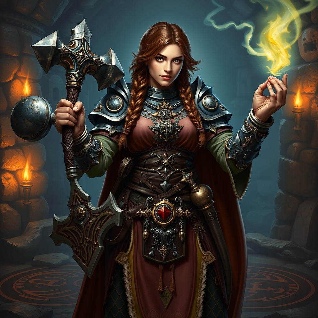 A powerful female dwarf cleric with a sturdy build and an air of commanding presence, showcasing her brunette hair braided intricately