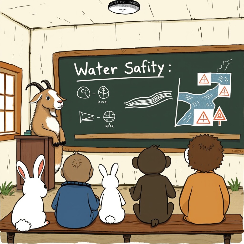 Inside a forest school classroom, a goat teacher stands at the front, teaching a lesson on "Water Safety