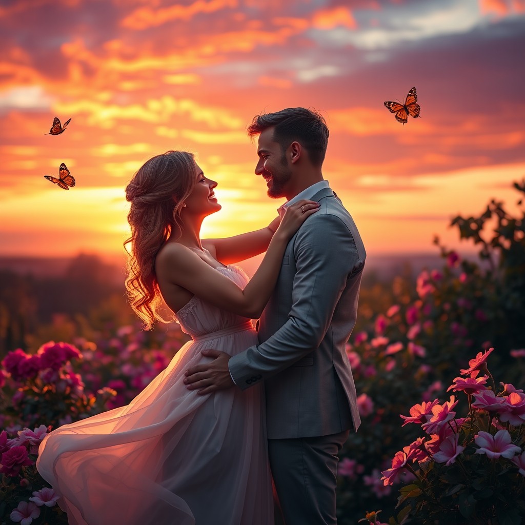 A romantic and passionate scene depicting a couple in a beautiful sunset setting