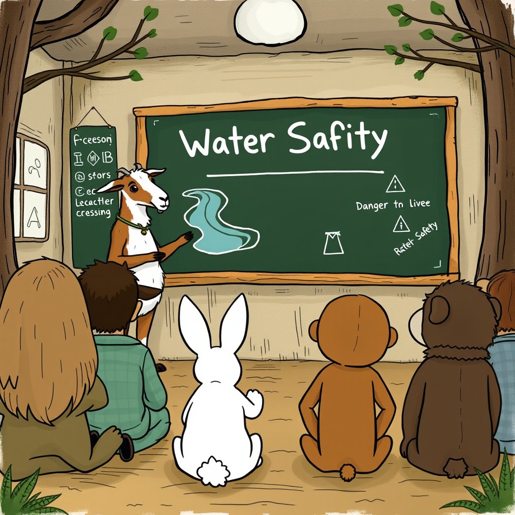 Inside a forest school classroom, a goat teacher stands at the front, passionately teaching a lesson on "Water Safety