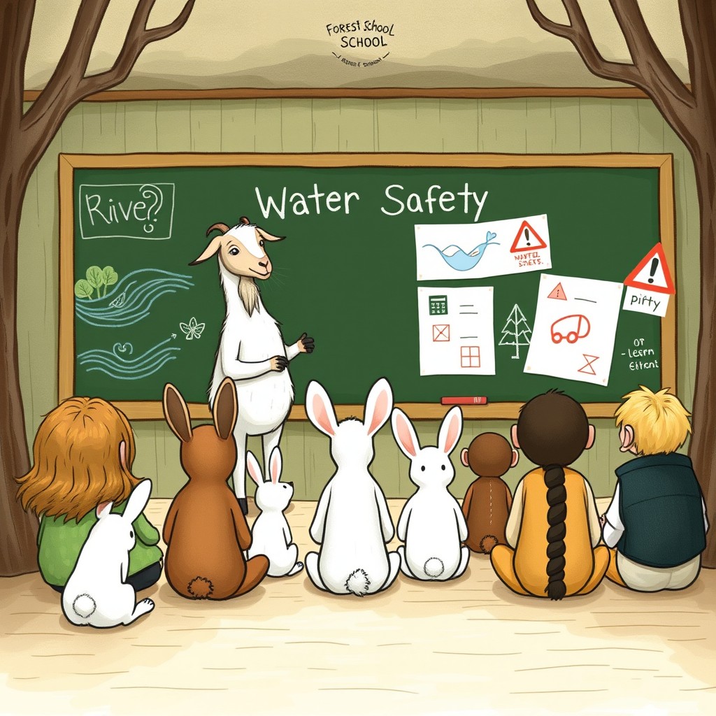 Inside a forest school classroom, a goat teacher stands at the front, delivering an important lesson on "Water Safety