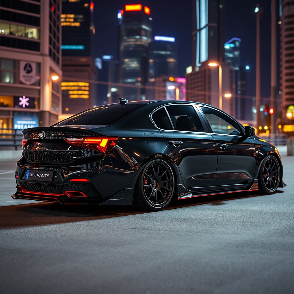 A sleek black 2022 Lada Granta, modified with sporty tuning enhancements