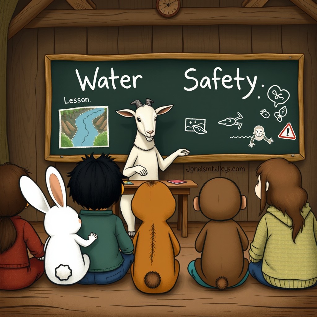 In a cozy forest school classroom, a goat teacher is delivering an engaging lesson on "Water Safety