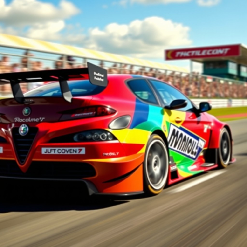 A sleek and powerful Alfa Romeo 147 JDTM competition car, showcasing its dynamic design and vibrant racing livery