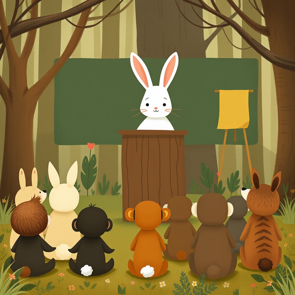 In a whimsical forest school classroom, a little white rabbit stands confidently at the podium, facing the viewer with a proud expression