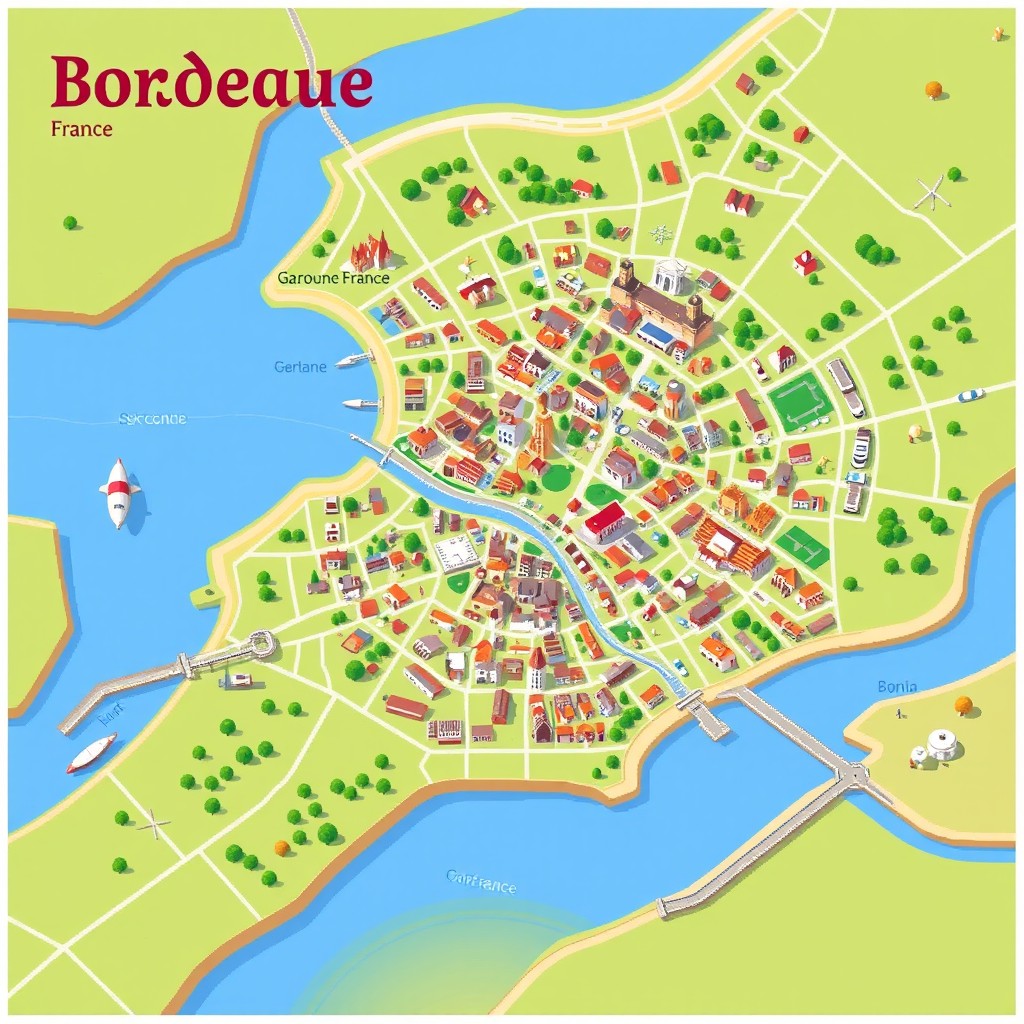 A detailed pixel art map of Bordeaux, France, showcasing the city's layout with iconic landmarks and streets in a vibrant color palette
