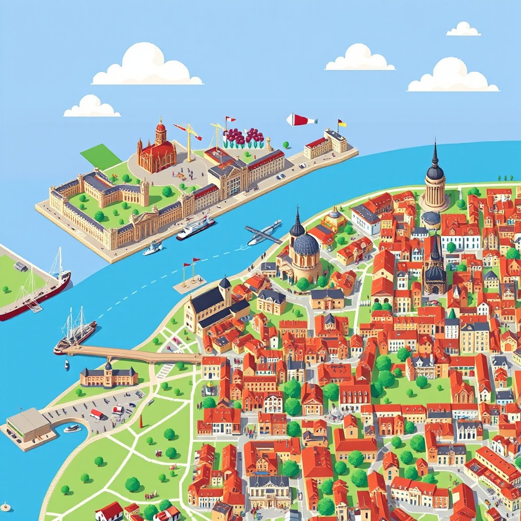 A pixel art map of Bordeaux, featuring key landmarks such as the Place de la Bourse, Bordeaux's historic port, and the beautiful Garonne River