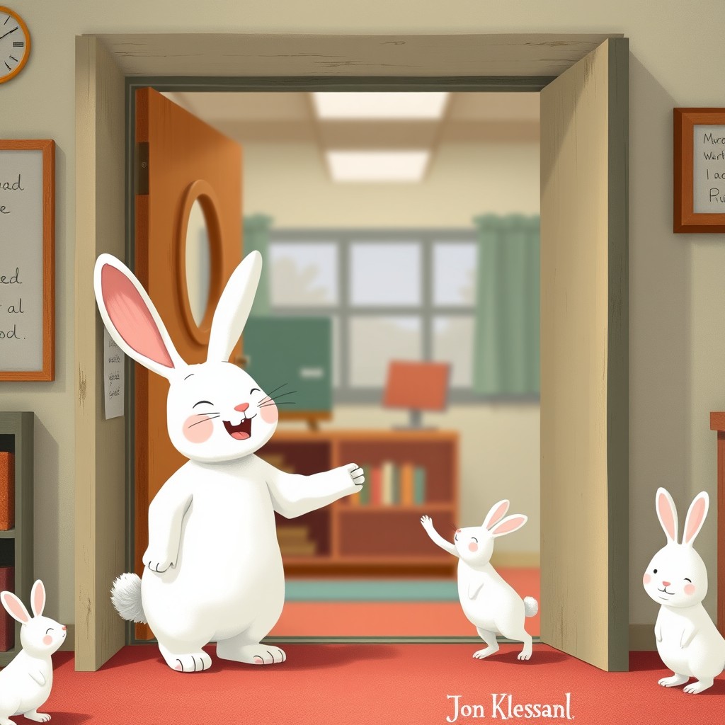 At the entrance of a charming classroom, a big white rabbit is happily holding the hand of a little white rabbit, both of them smiling joyfully