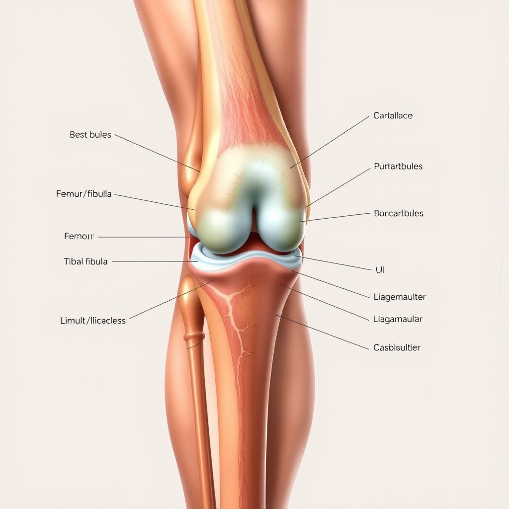 A highly detailed and anatomical illustration of a human knee joint, showcasing its complex structure
