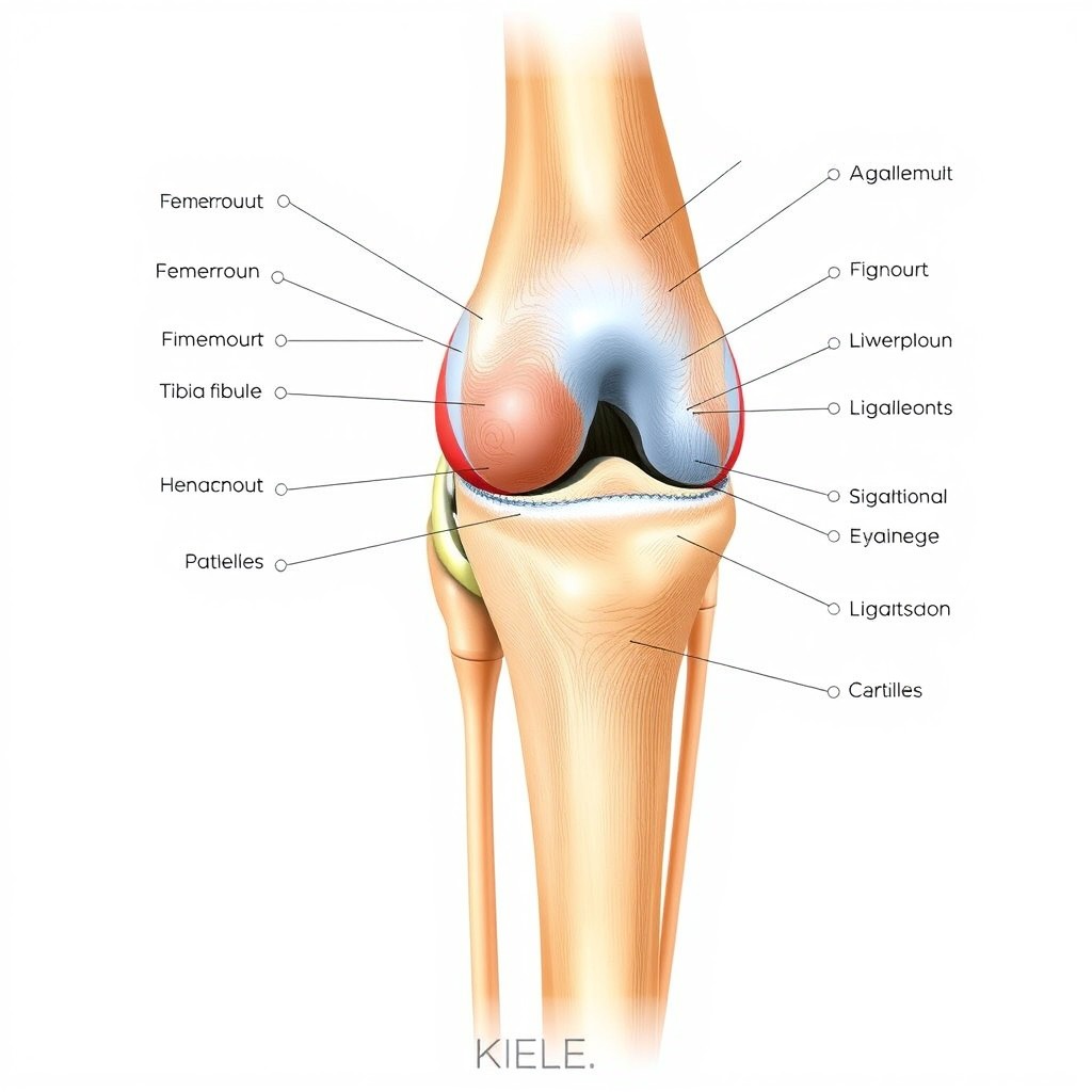 A detailed anatomical illustration of a human knee joint, showcasing the femur, tibia, fibula, patella, ligaments, and cartilage