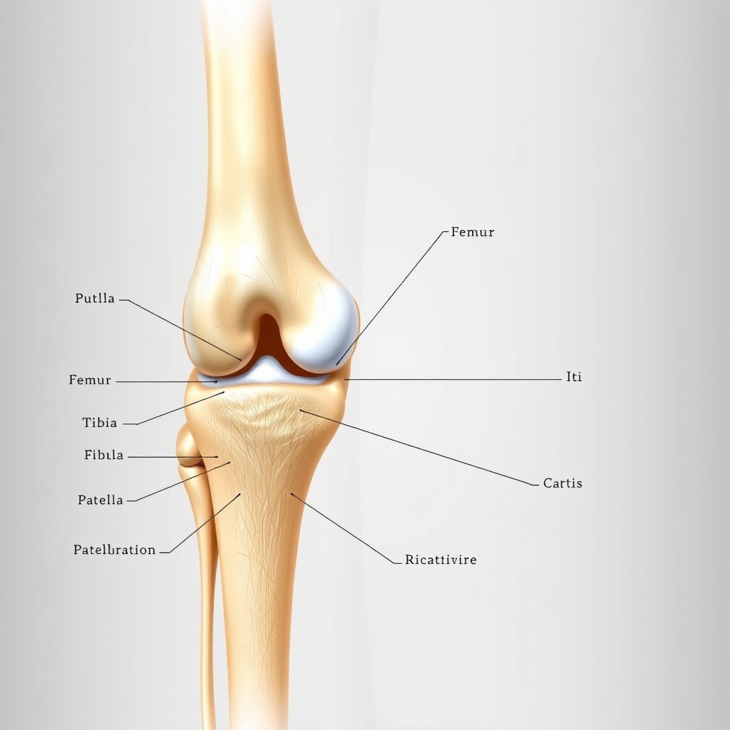 A detailed anatomical illustration of a human knee joint, showcasing the various components including the femur, tibia, fibula, patella, ligaments, and cartilage