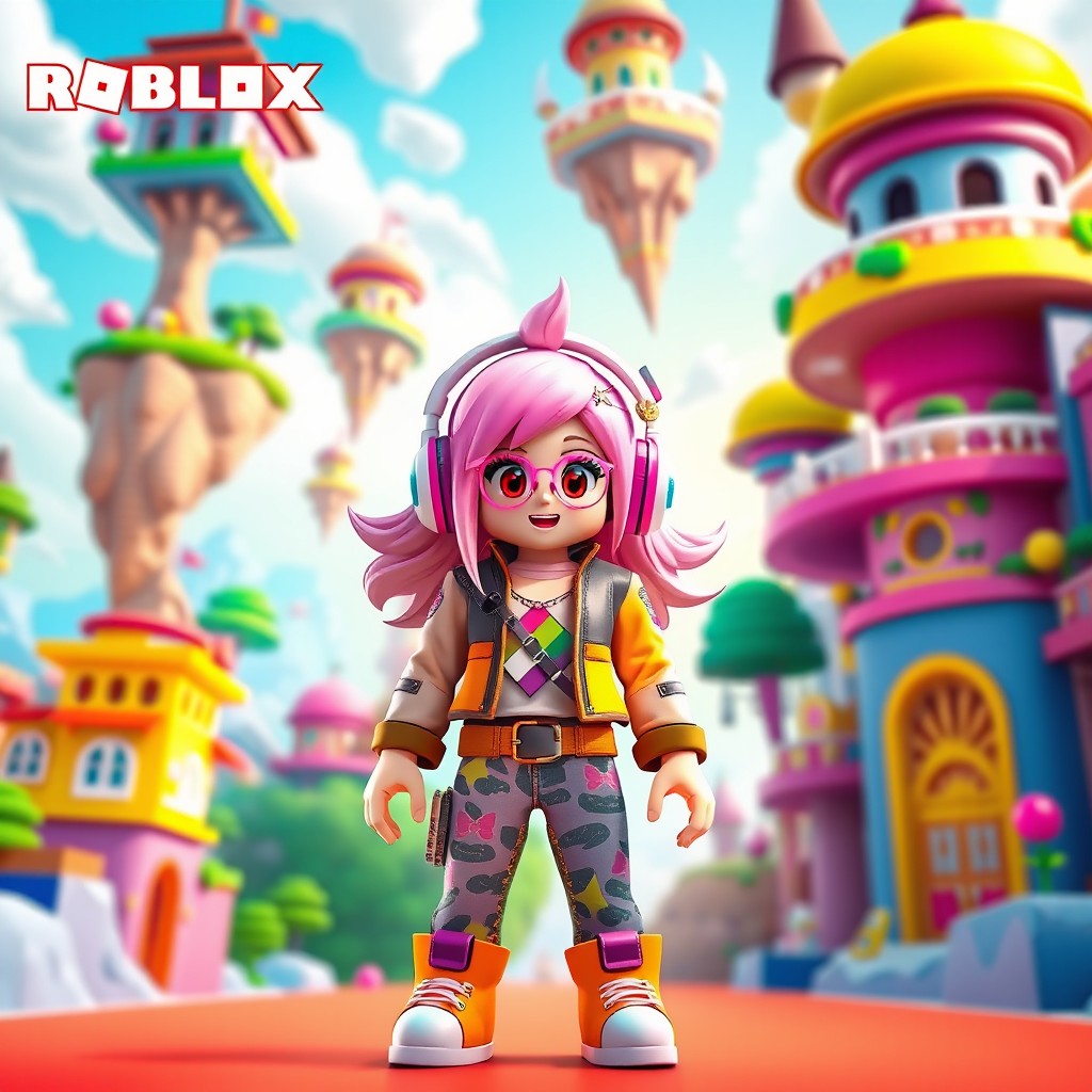 A vibrant scene featuring a digital girl character inspired by the Roblox universe, wearing a colorful and trendy outfit, with oversized headphones and a playful expression