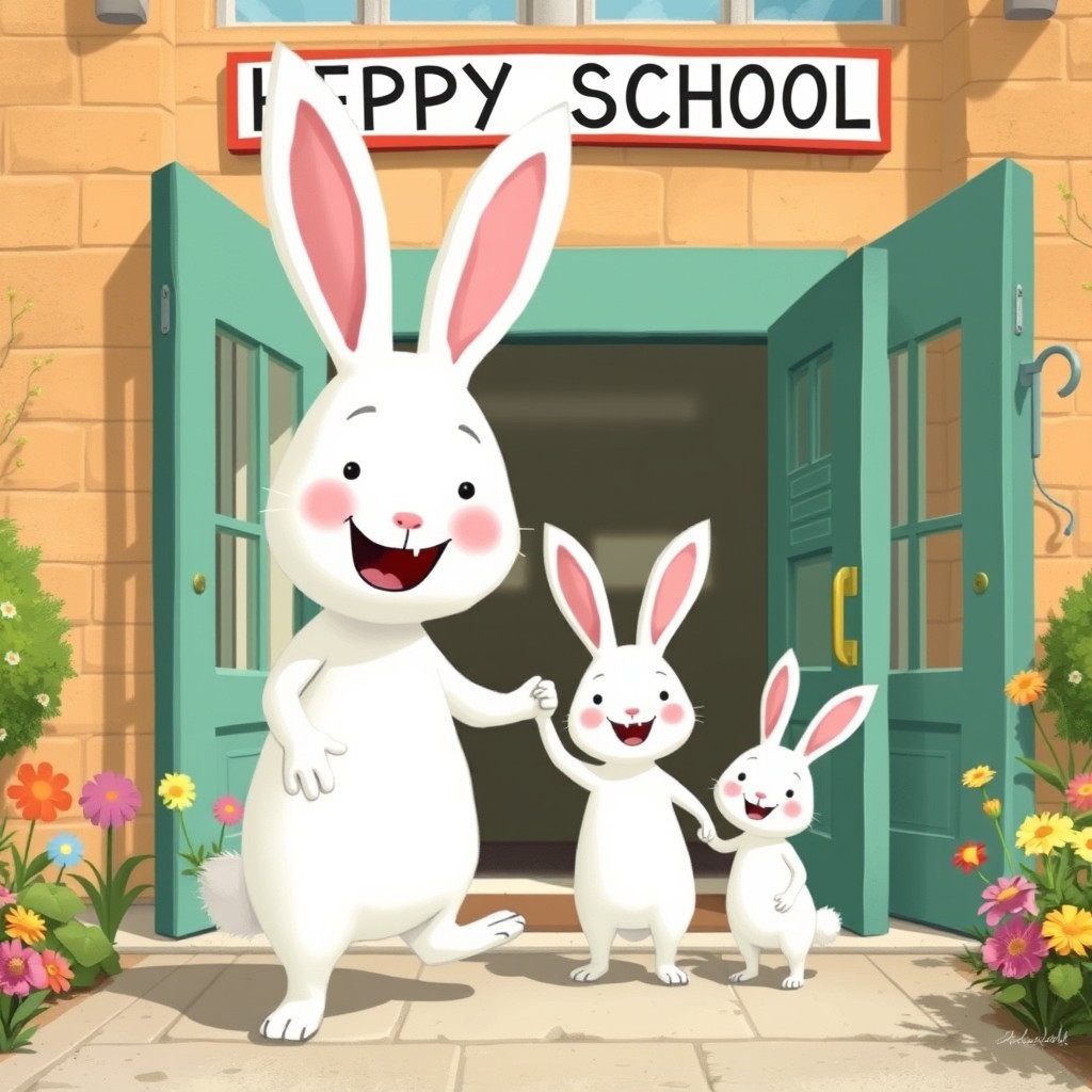 At the entrance of a cheerful school, a big white rabbit is joyfully holding the hand of a little white rabbit, both of them wearing bright smiles on their faces