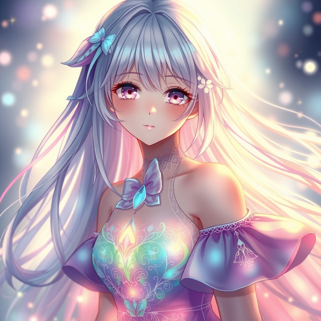 A beautiful anime girl with long, flowing silver hair, dressed in a glowing fantasy gown that shimmers with vibrant colors