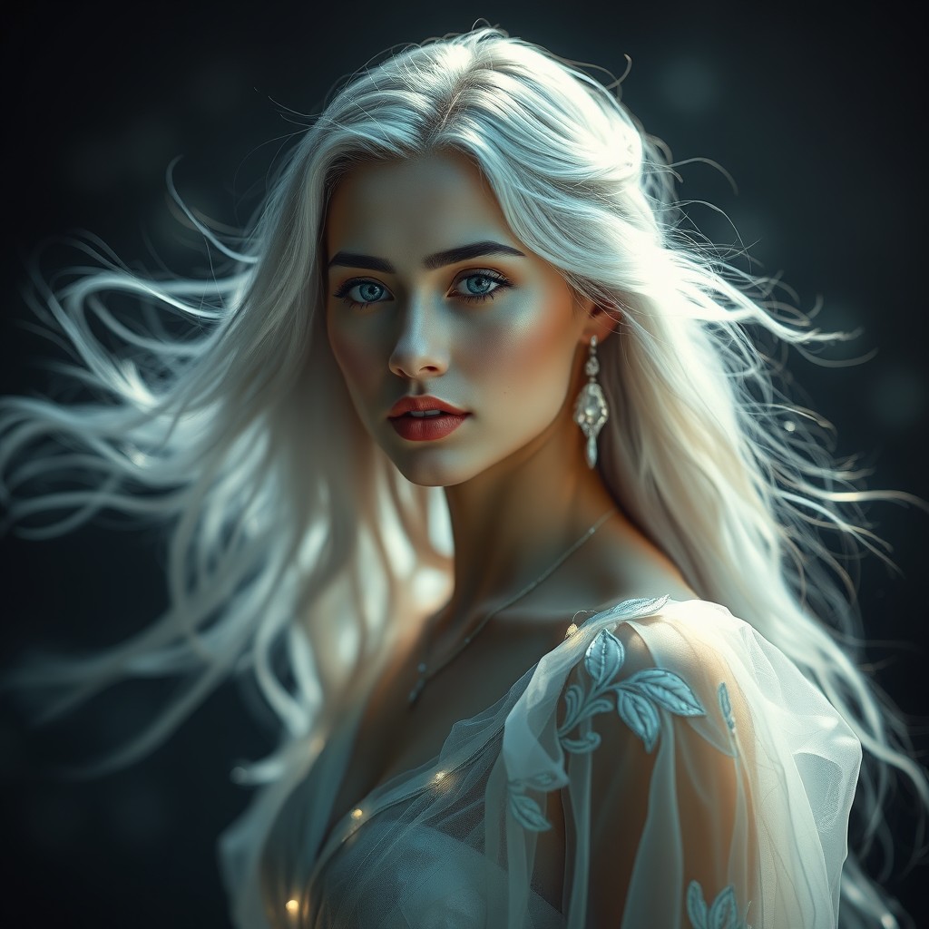 A realistic fantasy portrait of a woman with flowing silver hair, wearing a dress made of transparent silk featuring glowing embroidery that adds a mystical charm