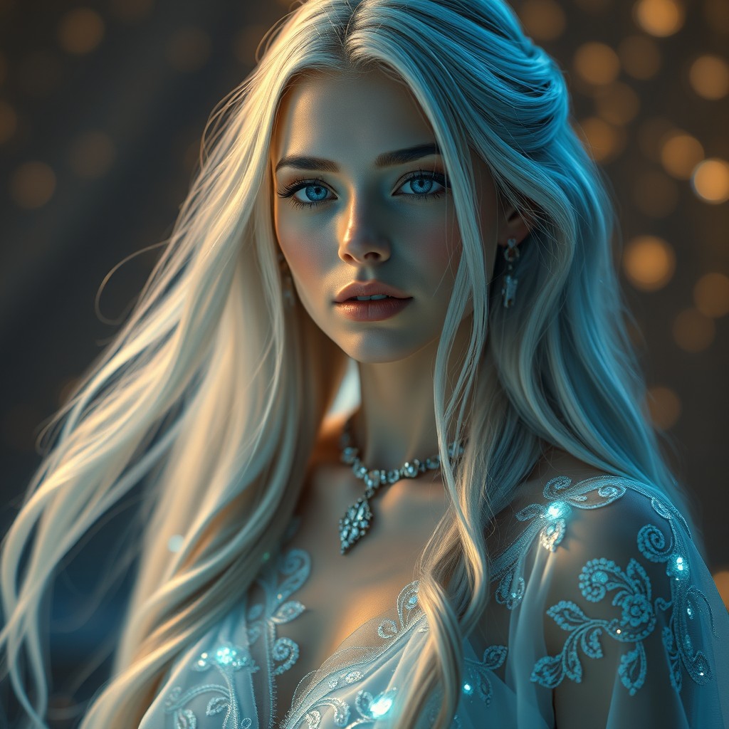 A realistic fantasy portrait of a woman with long, flowing silver hair, adorned in a dress made of transparent silk featuring intricate glowing embroidery