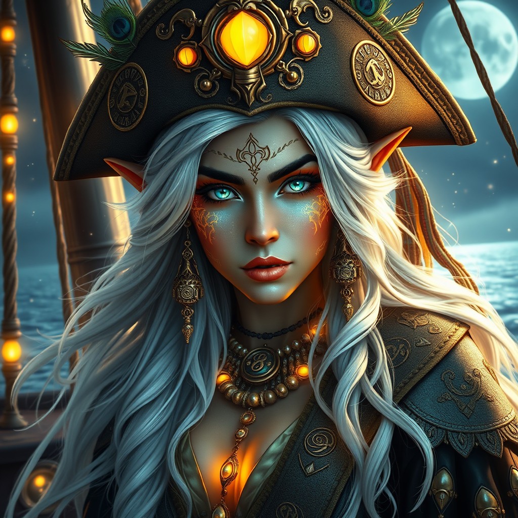 A stunning elven pirate woman with long, flowing glowing white hair and golden glowing facial markings, exuding a fierce yet elegant aura