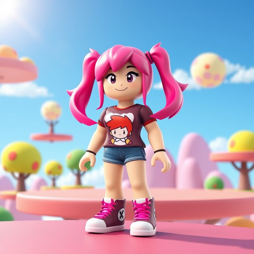 A female character from a game reminiscent of Roblox, showcasing a blocky and vibrant 3D design