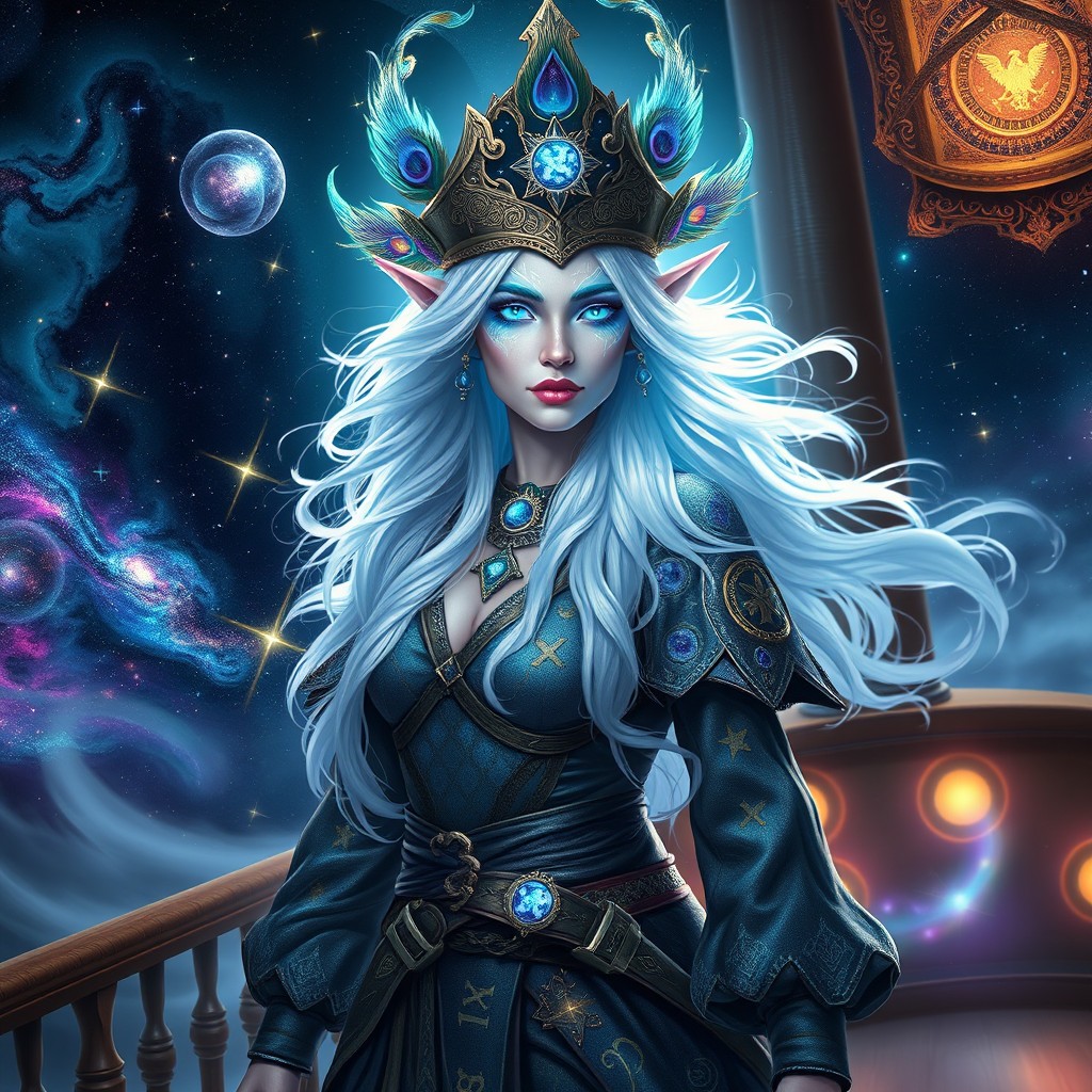 A celestial elven pirate woman with radiant white hair that flows like starlight, exuding an ethereal presence