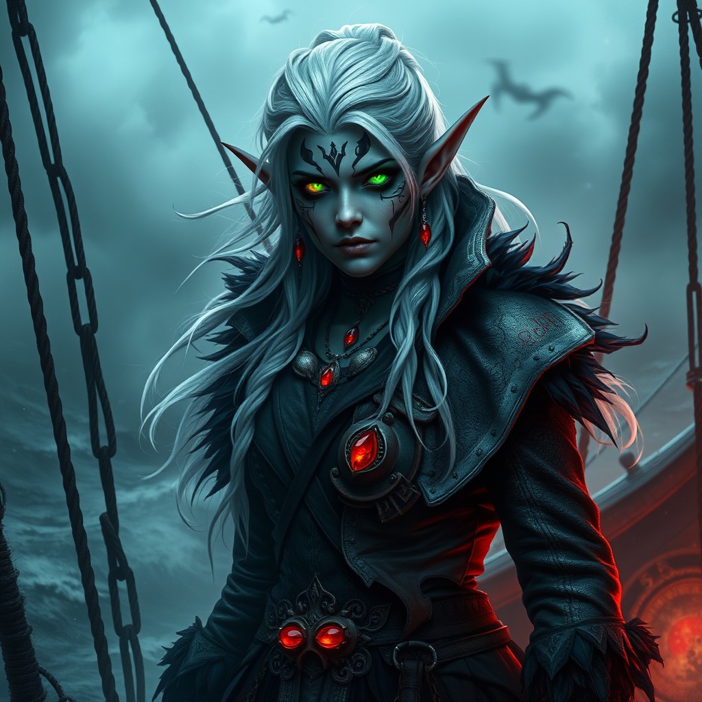 A dark elven pirate woman with glowing white hair, adorned with shadowy glowing facial tattoos