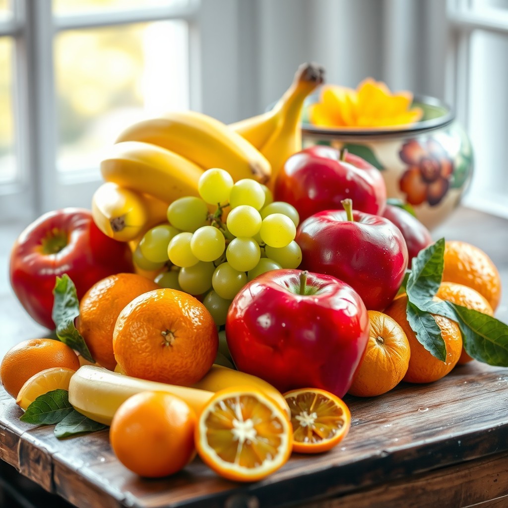 A vibrant still life composition featuring an assortment of juicy fruits, including glossy red apples, bright yellow bananas, luscious green grapes, and succulent oranges, all arranged artistically on a rustic wooden table