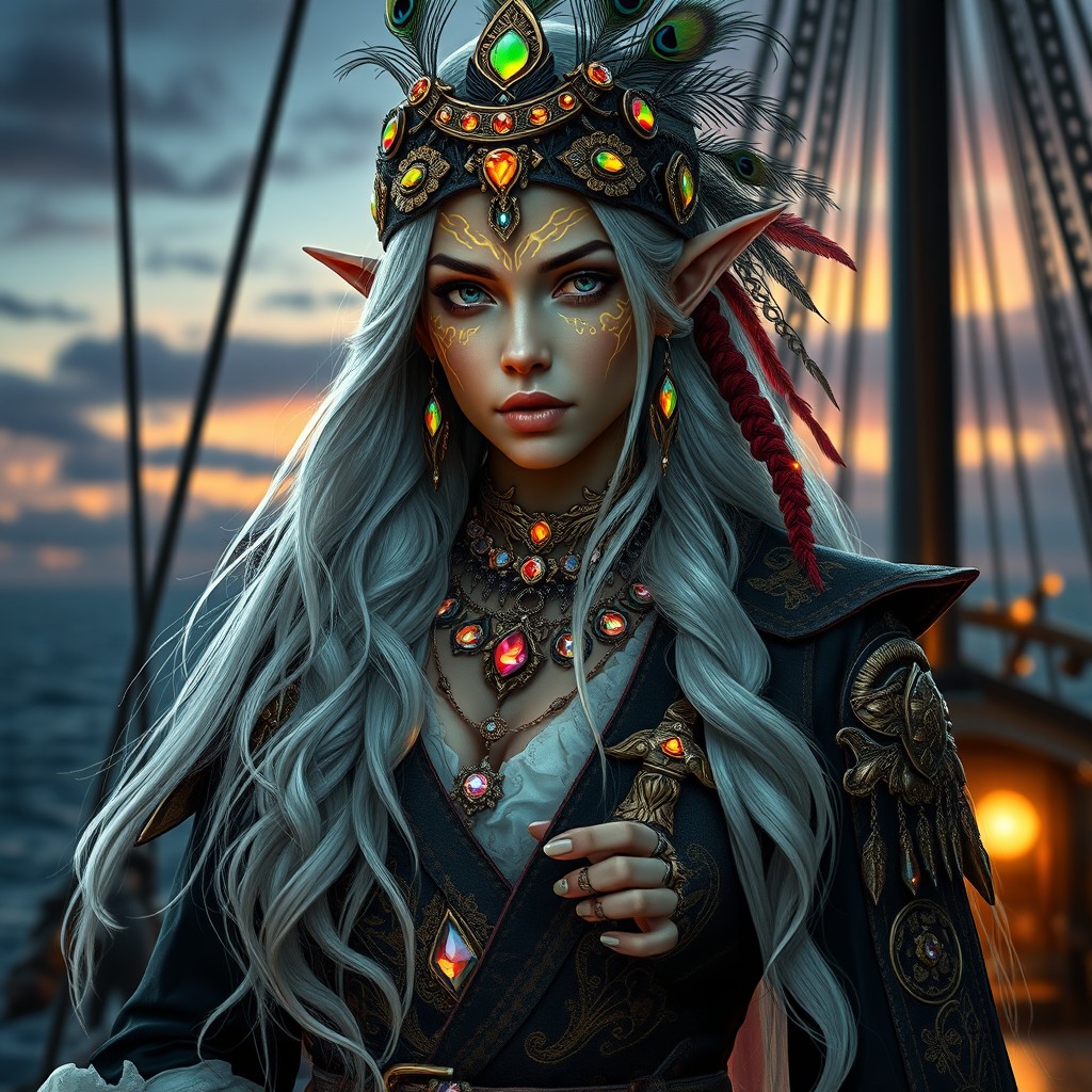 A hyper-realistic elven pirate woman with long flowing white hair that glows subtly